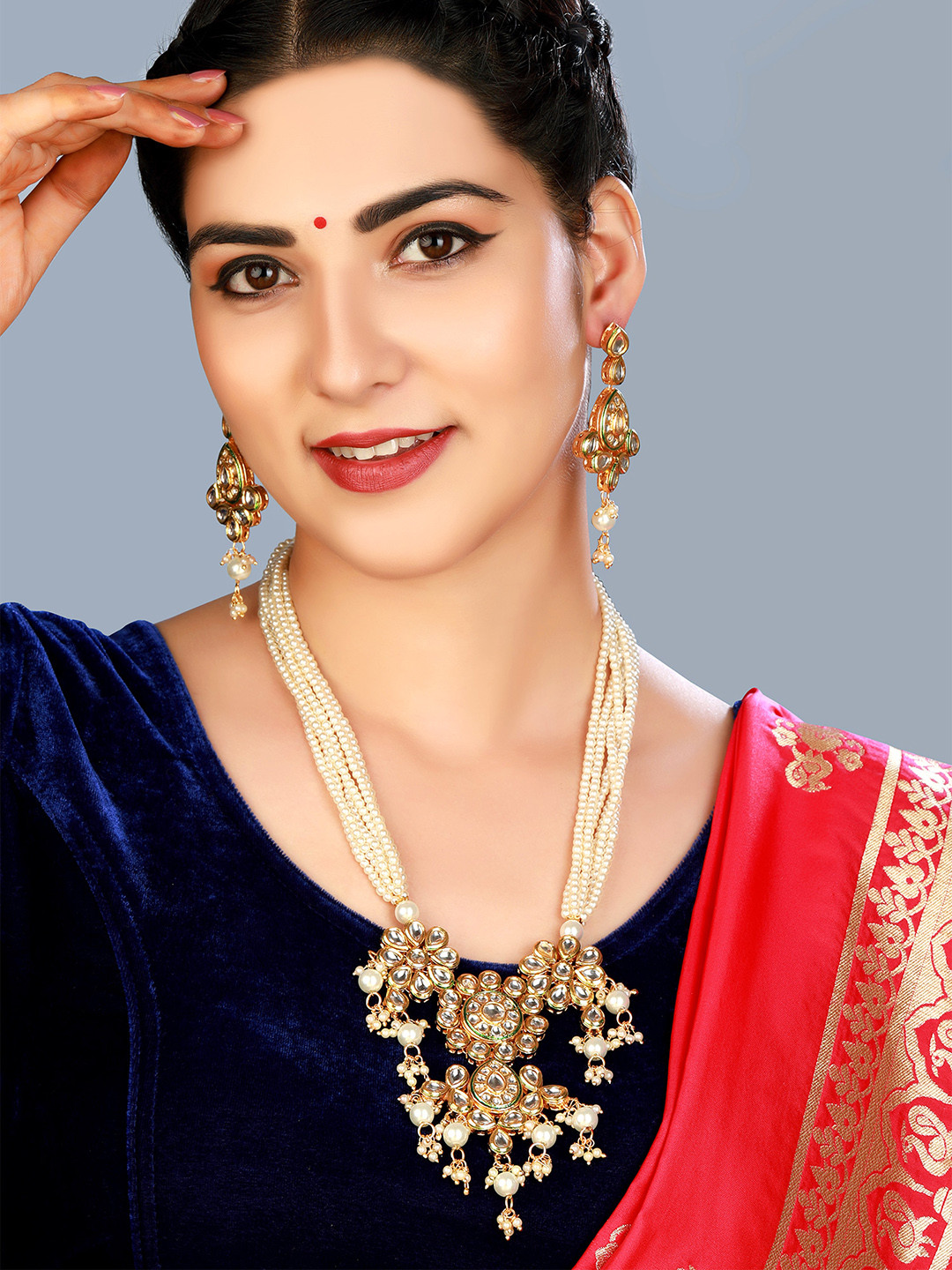 Buy Aadita White & Gold Toned Kundan & Pearl Layered Jewellery Set