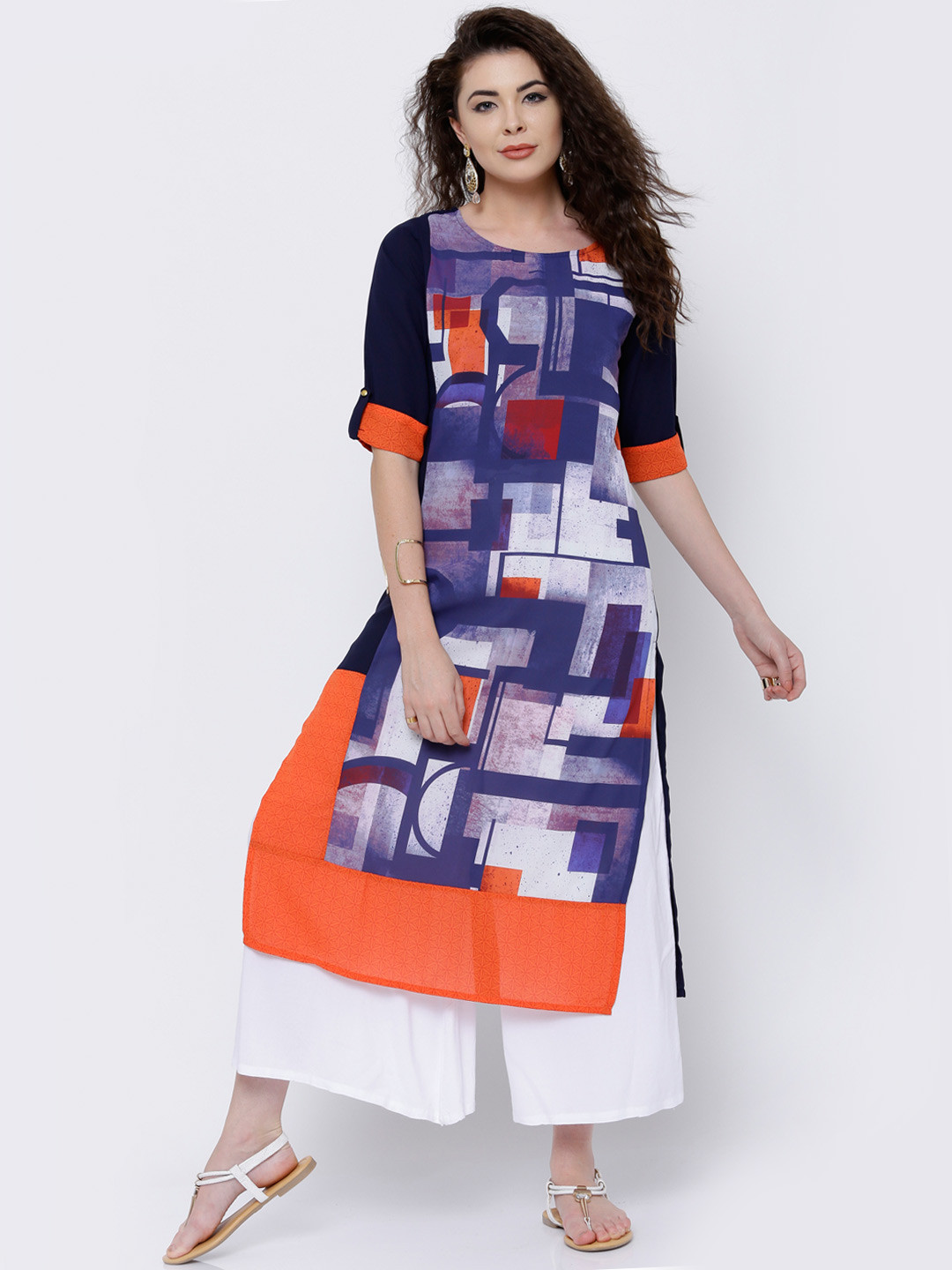 Buy Vishudh Women Navy Blue & Orange Printed Straight Kurta Kurtas