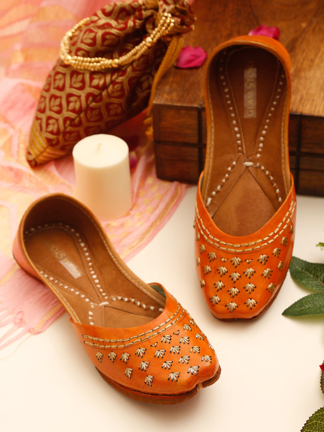 Buy GLAM STORY Women Tan Brown Embellished Leather Ethnic Flats Flats