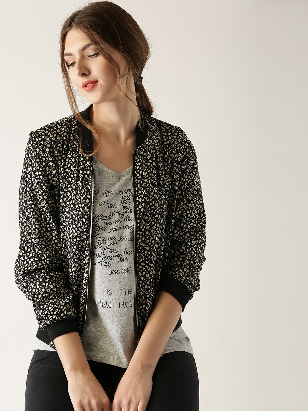 Buy ESPRIT Women Black & Off White Printed Bomber Jacket Jackets for