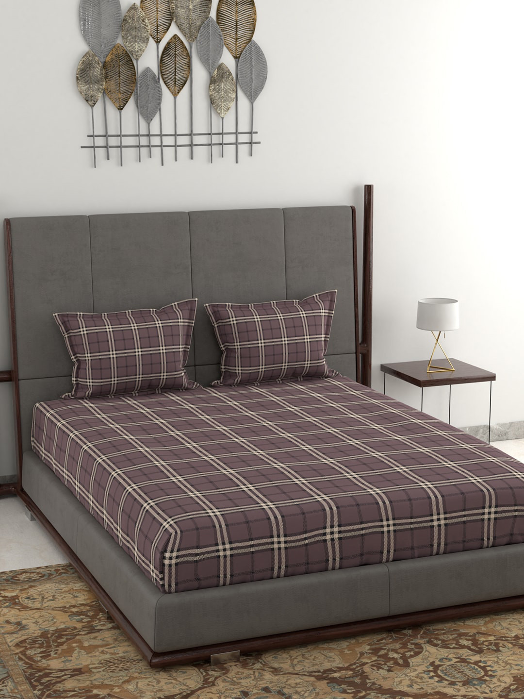 Buy Trident Set Of 3 Brown Checked Cotton 160 GSM Double King Bedding