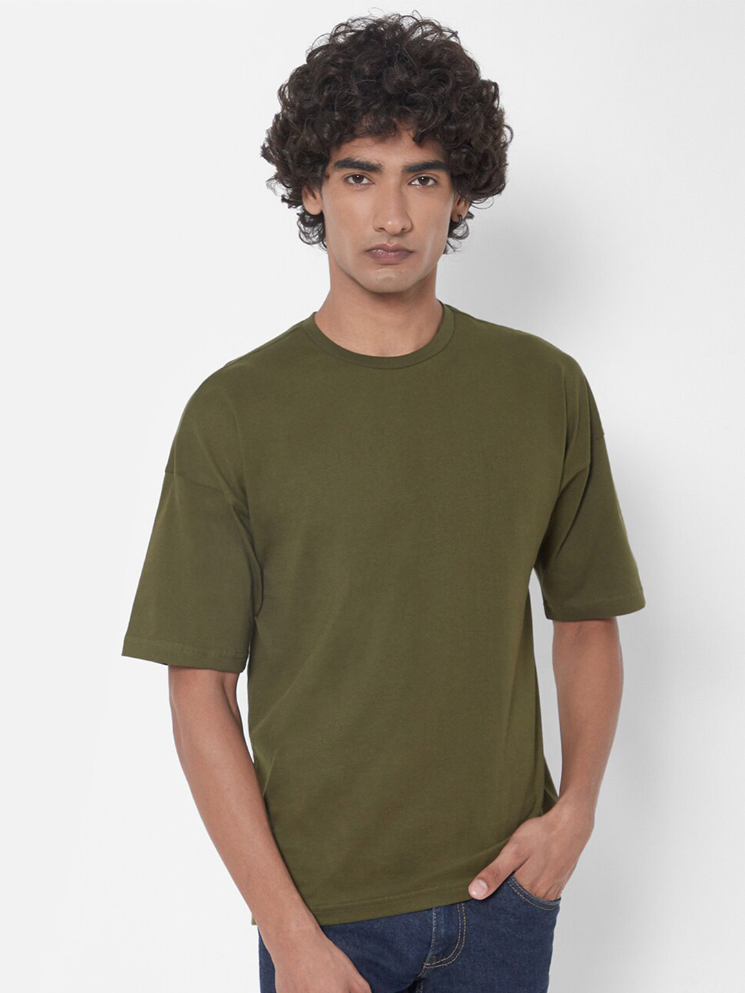 Buy Melangebox Men Olive Green Oversized Drop Shoulder Sleeves T Shirt