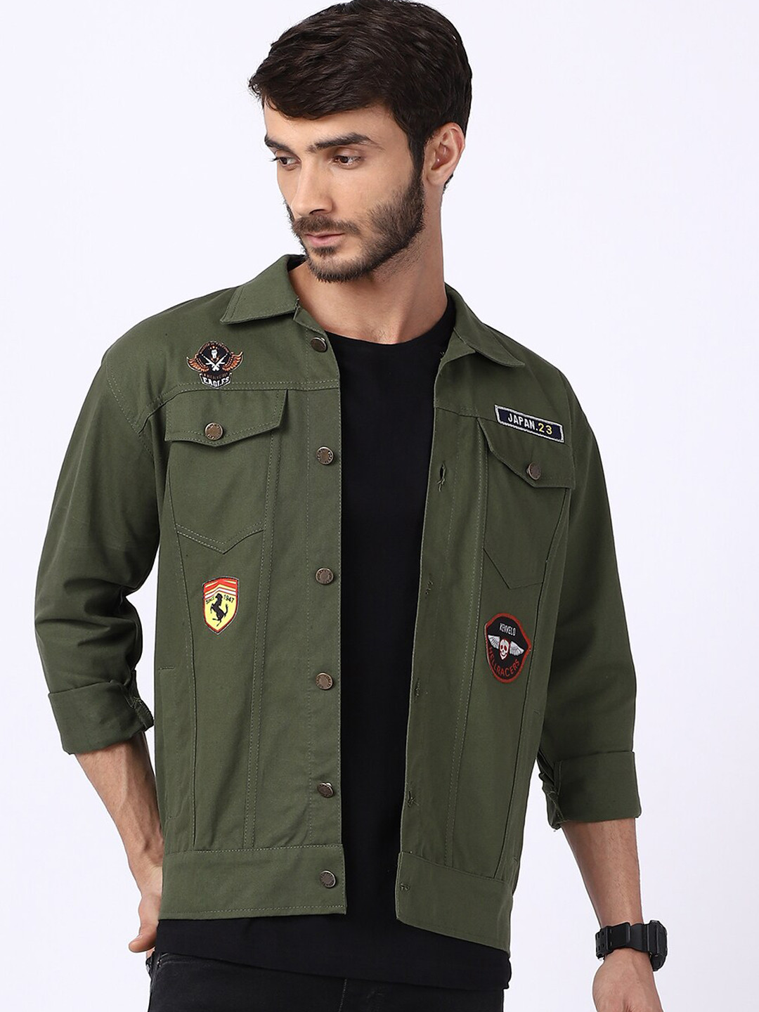 Buy VOXATI Men Olive Green Crop Denim Jacket With Patchwork Jackets