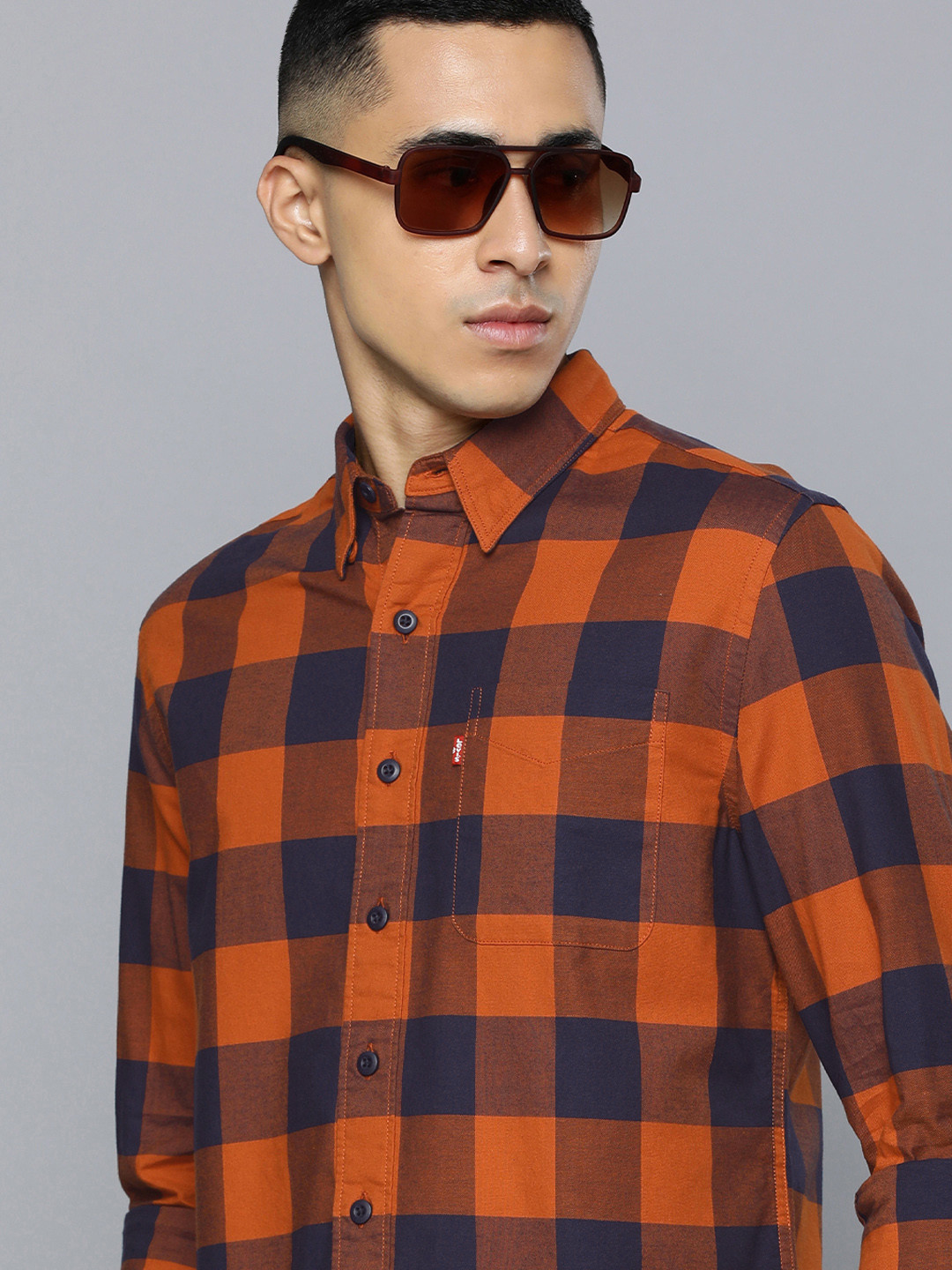 Buy Levis Men Rust Orange And Blue Slim Fit Buffalo Checked Casual ...