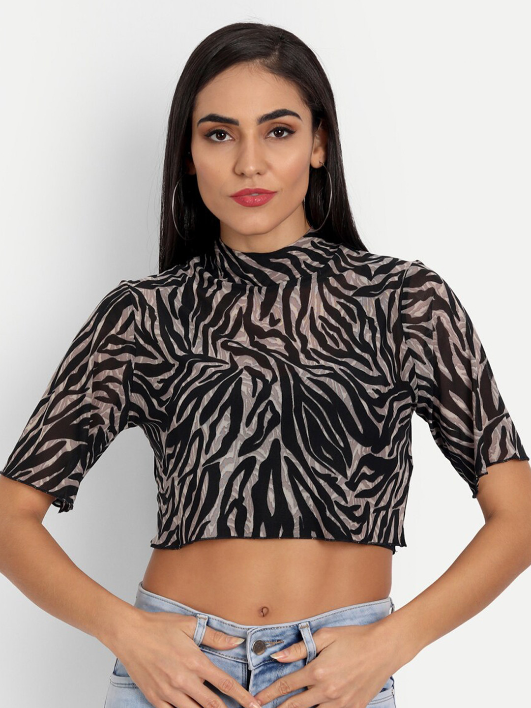 Buy ESSQUE Black Animal Print Net Crop Top Tops for Women 18976446