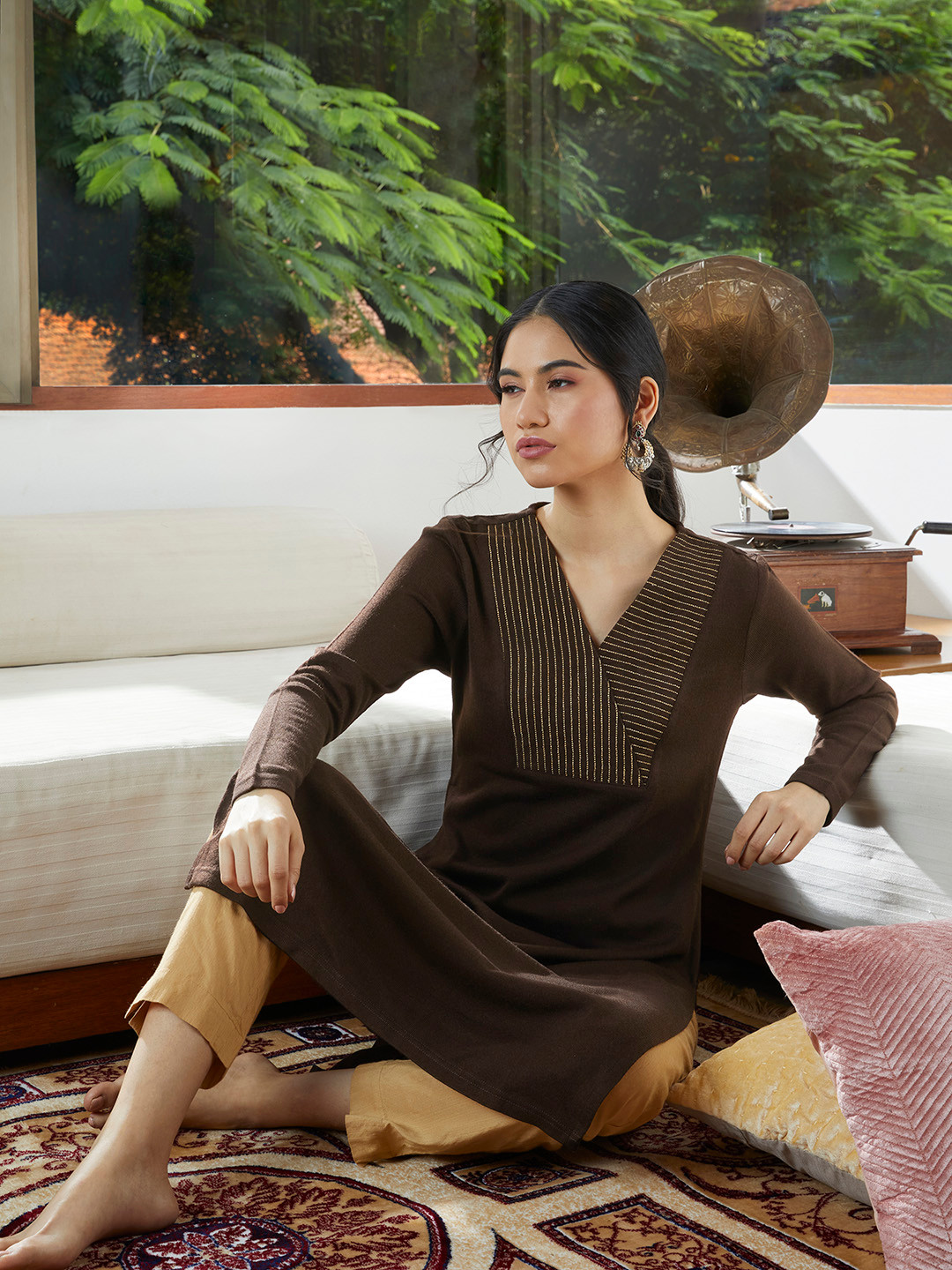 Coffee Brown Yoke Printed 3/4 Sleeve Cotton Kurta With Ankle Length Palazzo