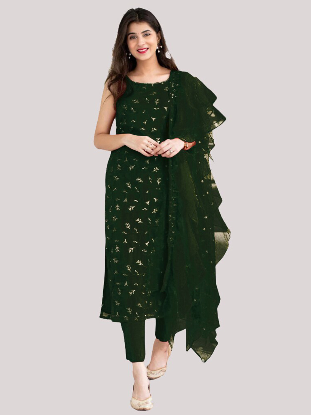 Buy Fashionuma Green & Gold Toned Embroidered Semi Stitched Dress
