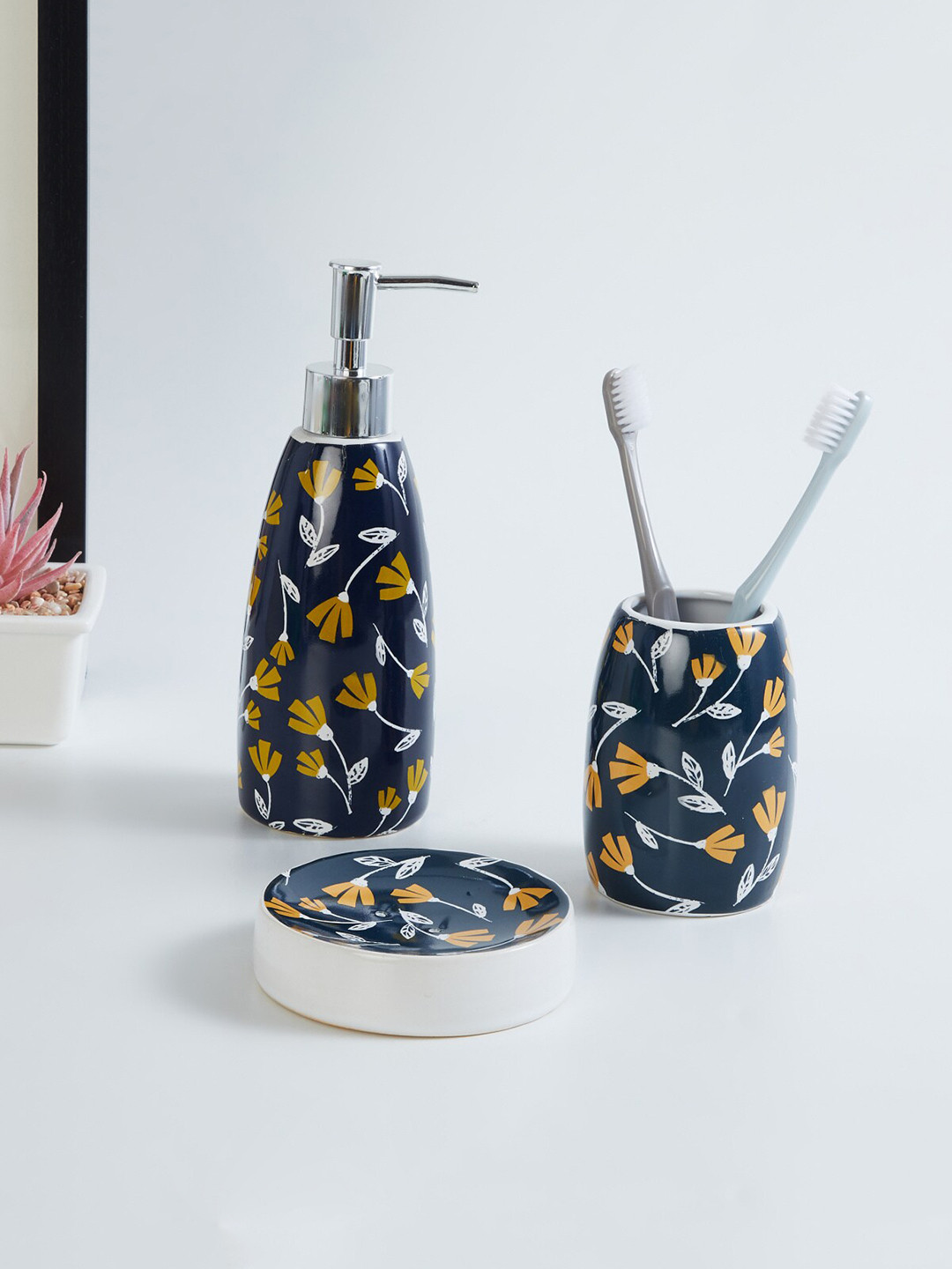 Buy Home Centre Set Of 3 Blue & Yellow Printed Ceramic Bathroom ...