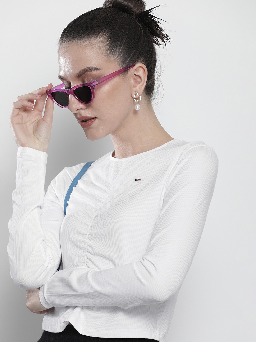 Buy Tommy Hilfiger Women White Solid Self Designed T Shirt Tshirts