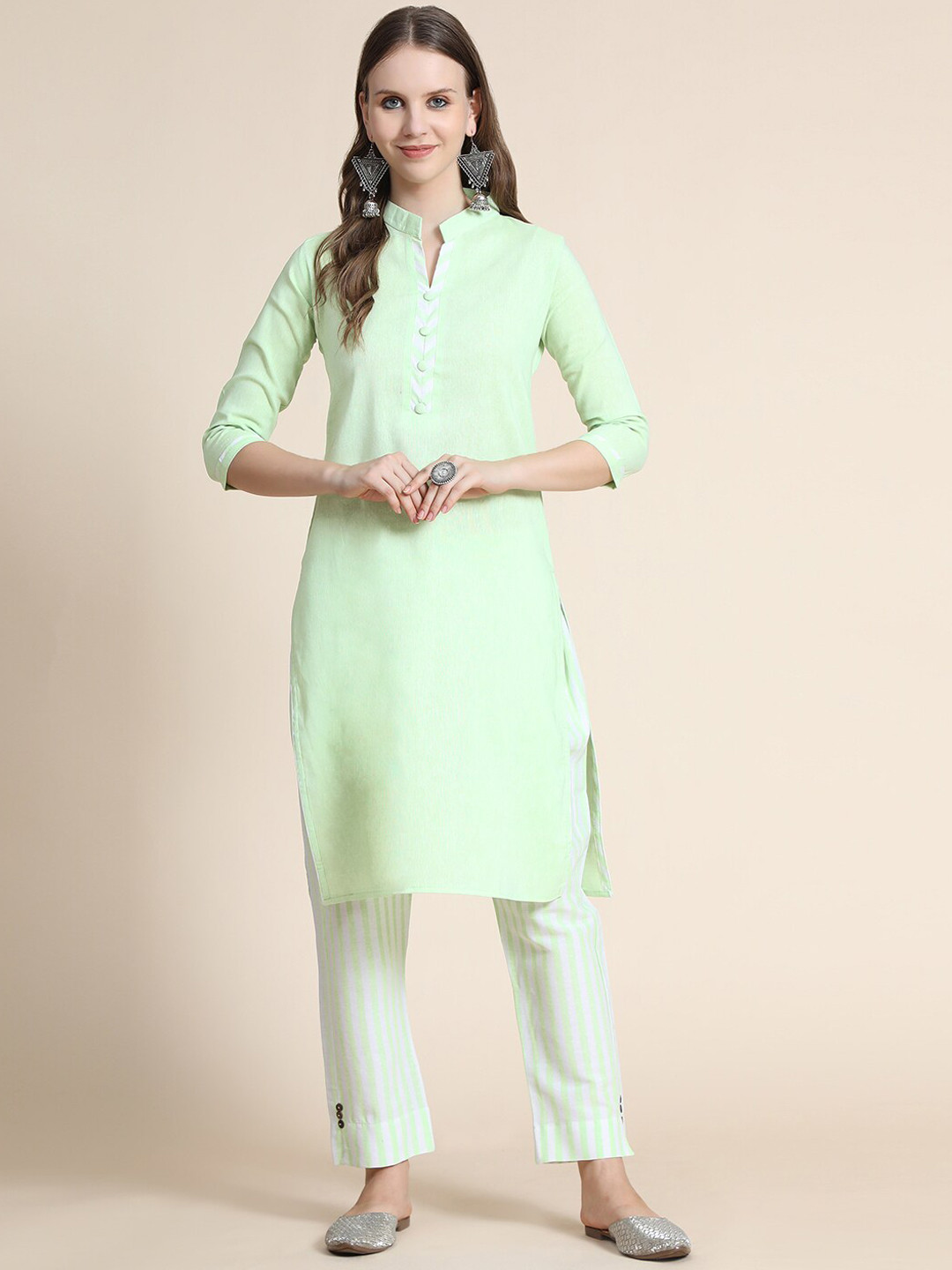 Buy KALINI Women Lime Green Floral Kurta With Trousers Kurta Sets for