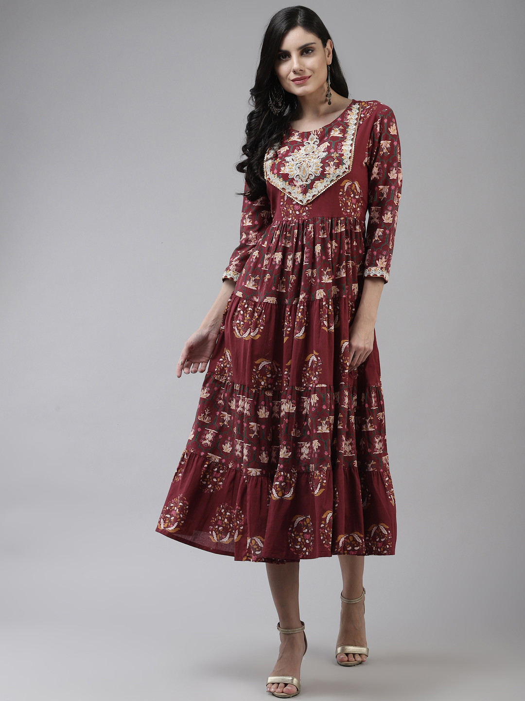 Maroon Floral Printed V-Neck Gathered Detailed Pure Cotton Empire Midi Ethnic Dress