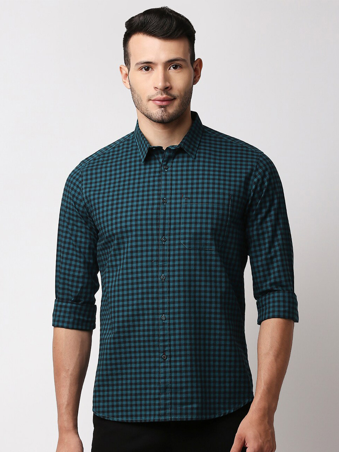 Men's Turquoise Blue Comfort Conversational Printed Cotton Shirt