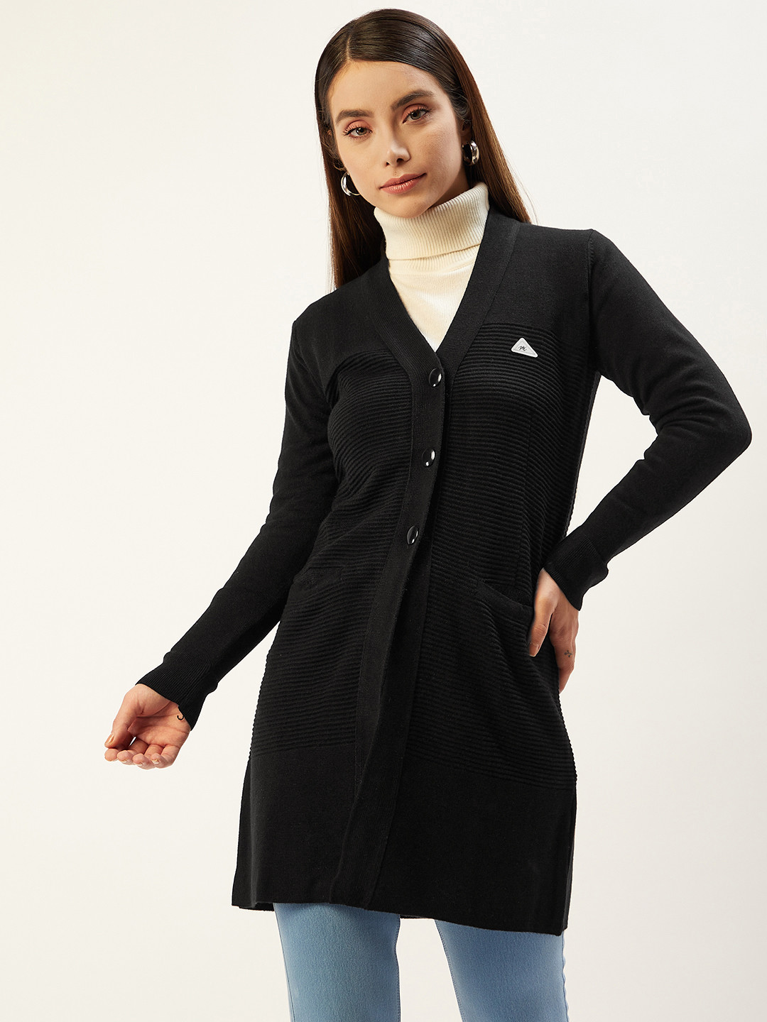 Buy Monte Carlo Women Black Ribbed Longline Cardigan Sweaters for