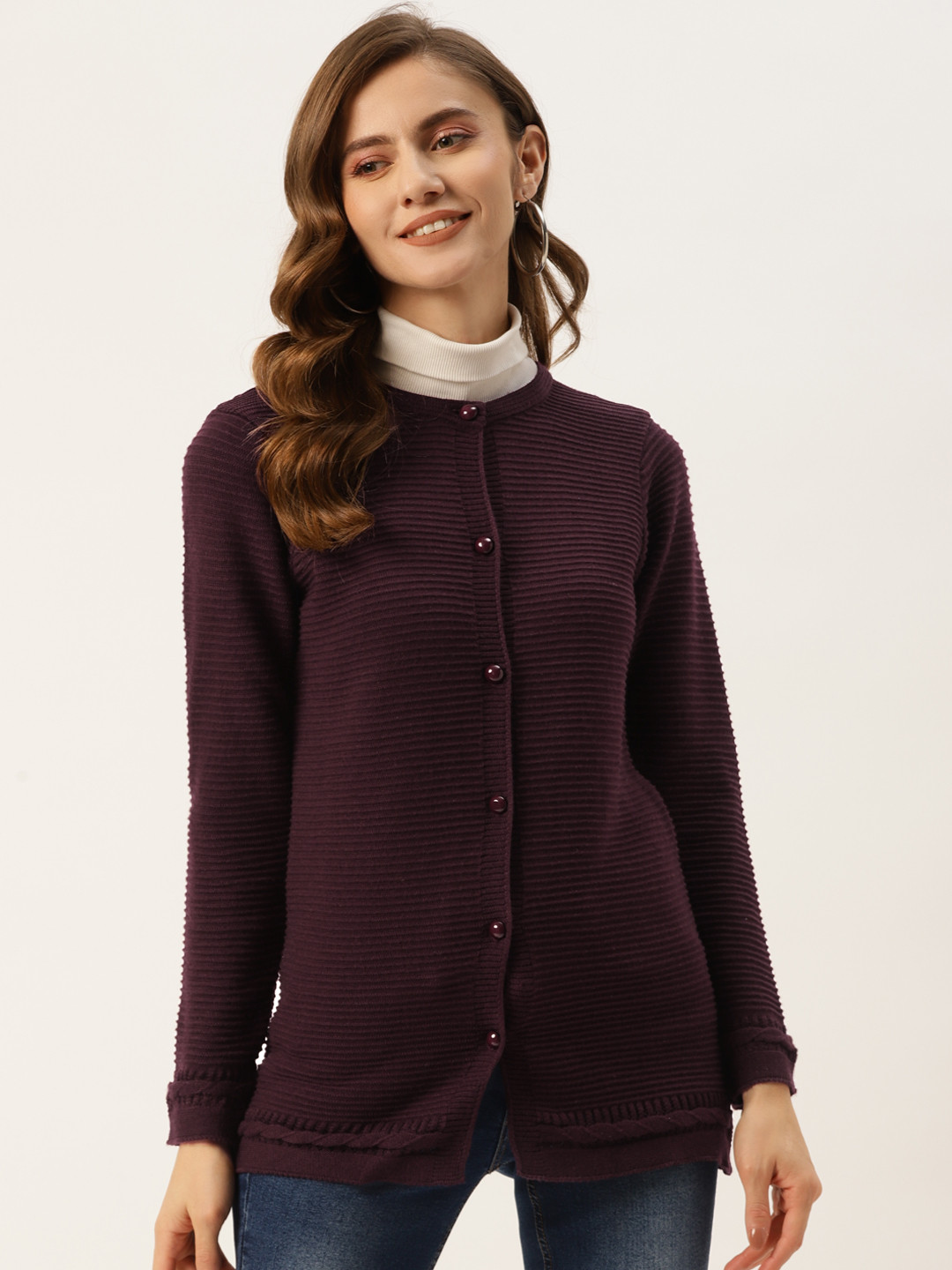 Buy American Eye Women Aubergine Self Striped Longline Cardigan