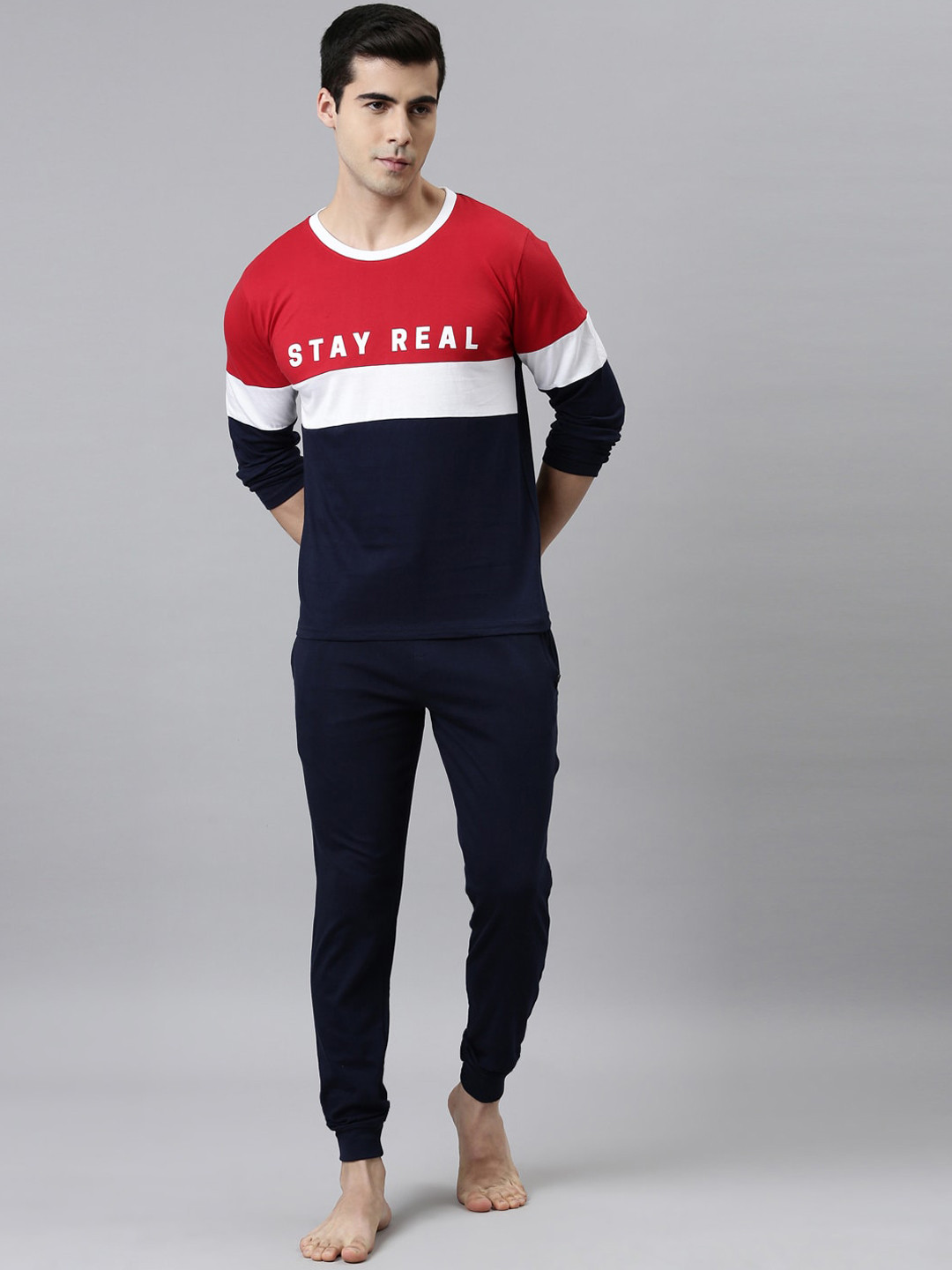 Buy Joven Men Navy Blue & White Colourblocked Night Suit Night Suits