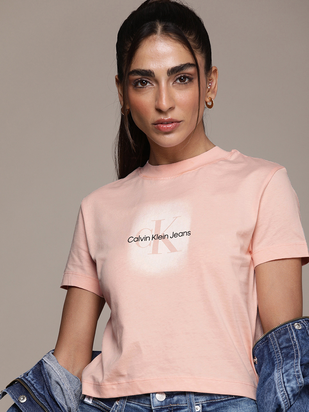 Buy Calvin Klein Jeans Women Peach Coloured Brand Logo Printed Pure