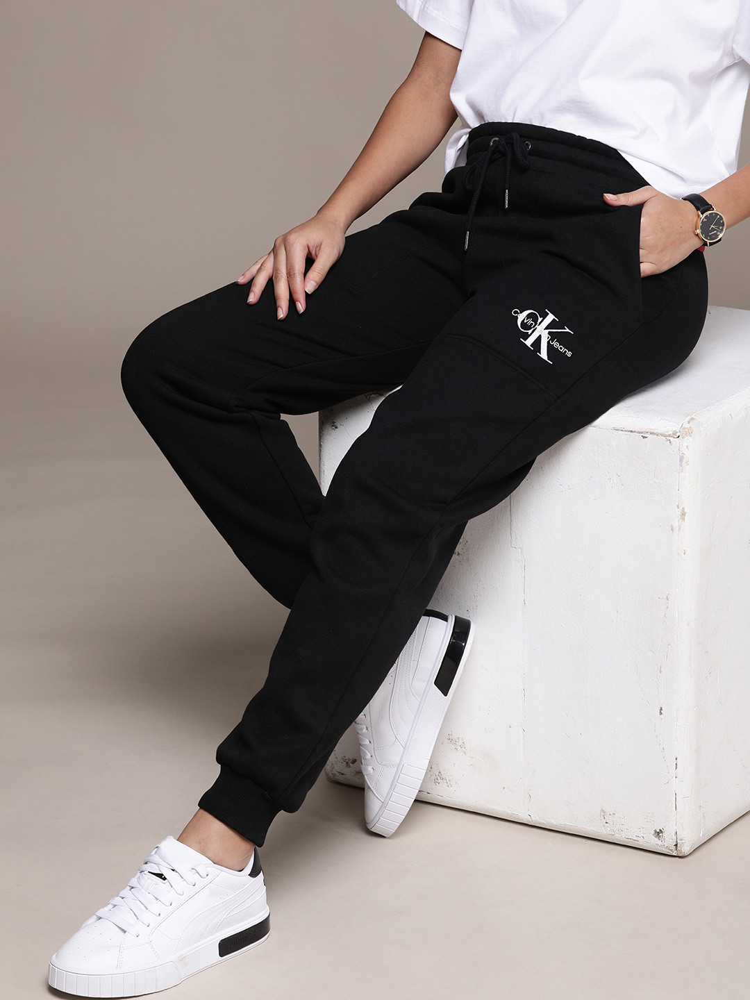 Buy Calvin Klein Jeans Women Black Solid Joggers With Embroidered
