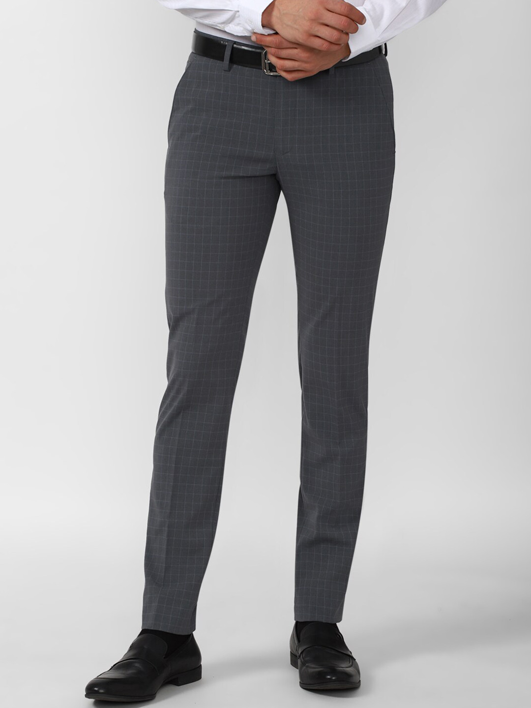 Buy Peter England Men Grey Checked Slim Fit Trousers Trousers for Men