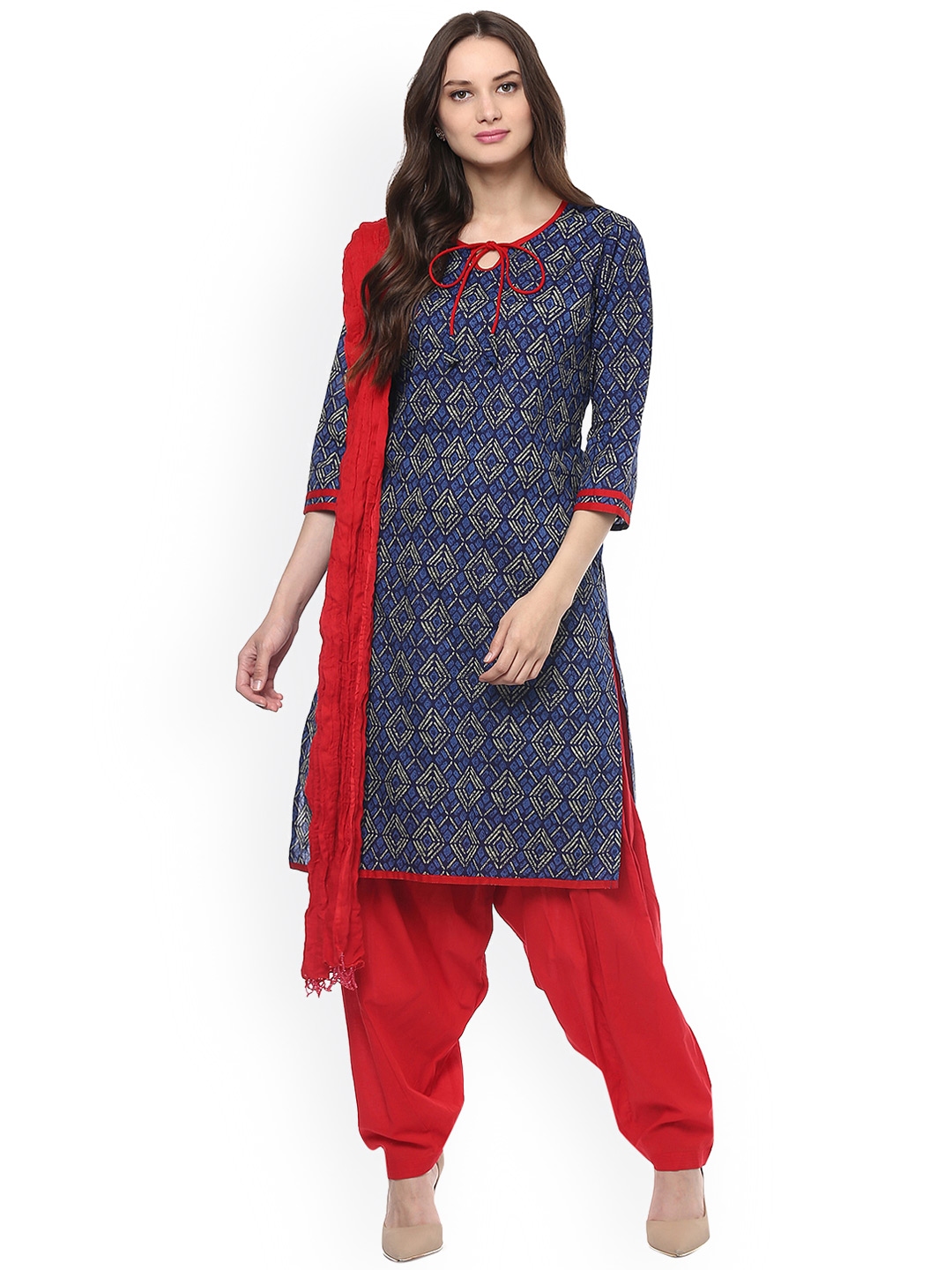 Buy Jaipur Kurti Women Blue & Red Printed Kurta With Patiala & Dupatta ...
