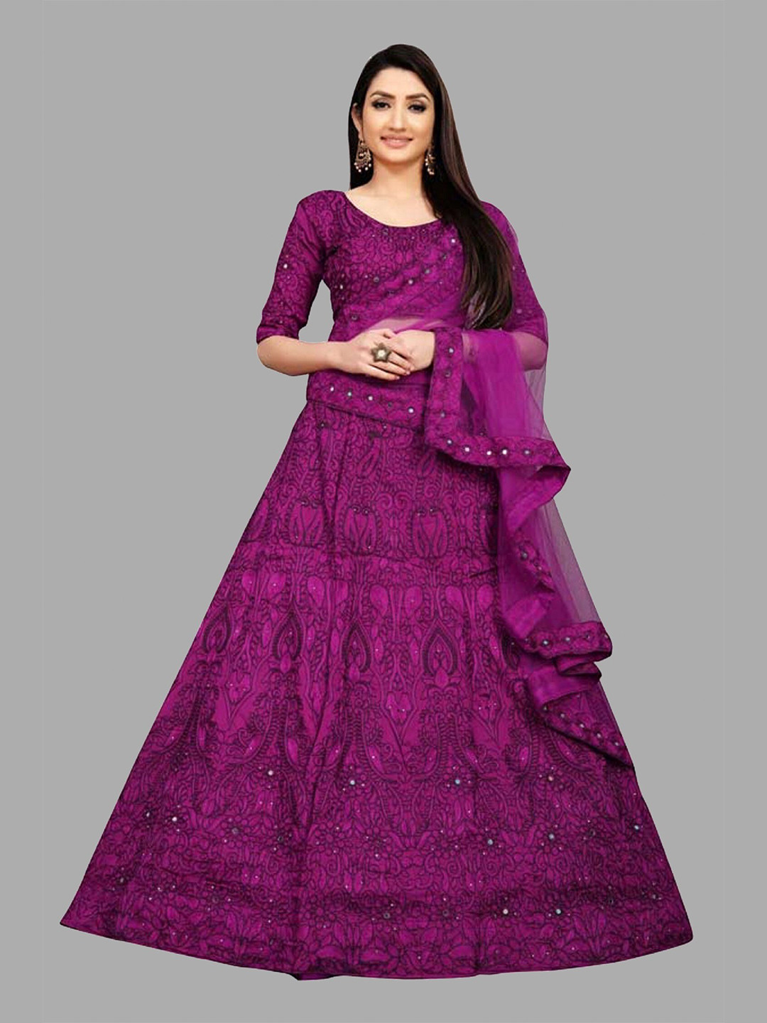 Babyhug Woven Half Sleeves Floral Printed Choli Lehenga Set with Dupatta - Purple main image 1