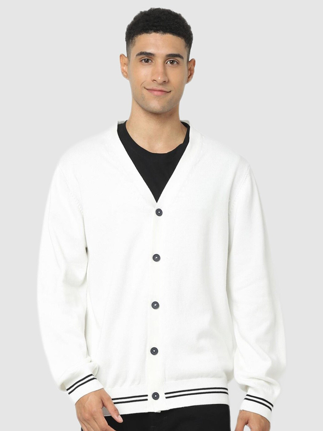 Buy Celio Men White & Black Striped Cardigan Sweaters for Men