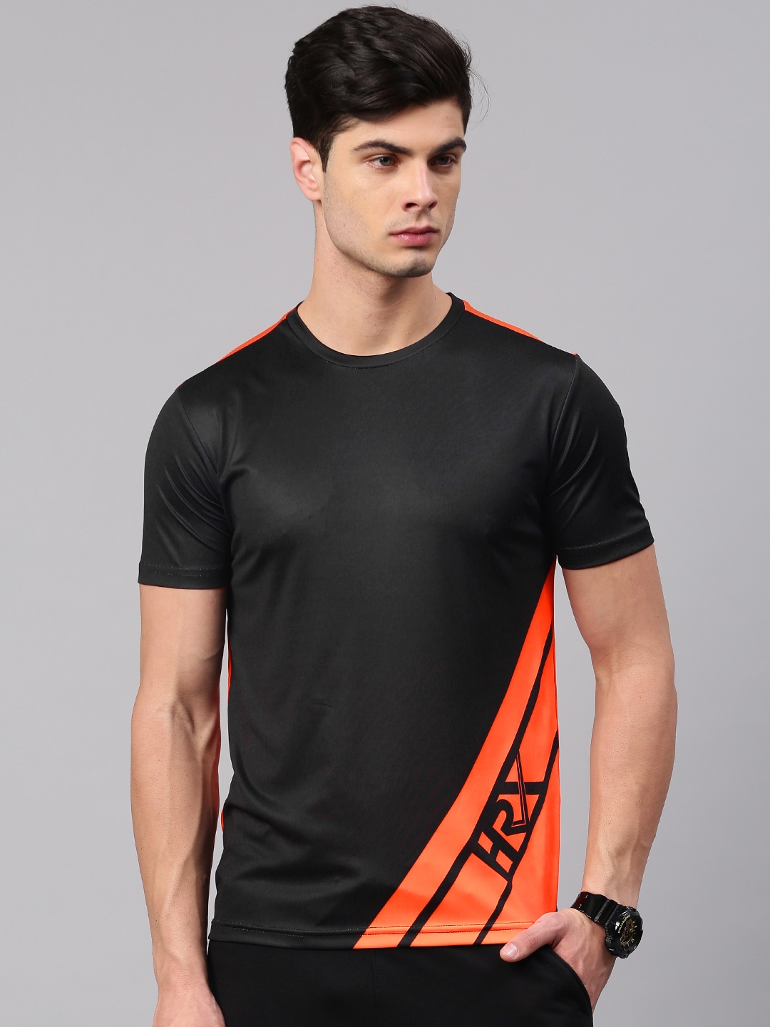 Buy HRX By Hrithik Roshan Men Black Self Design Round Neck T Shirt ...
