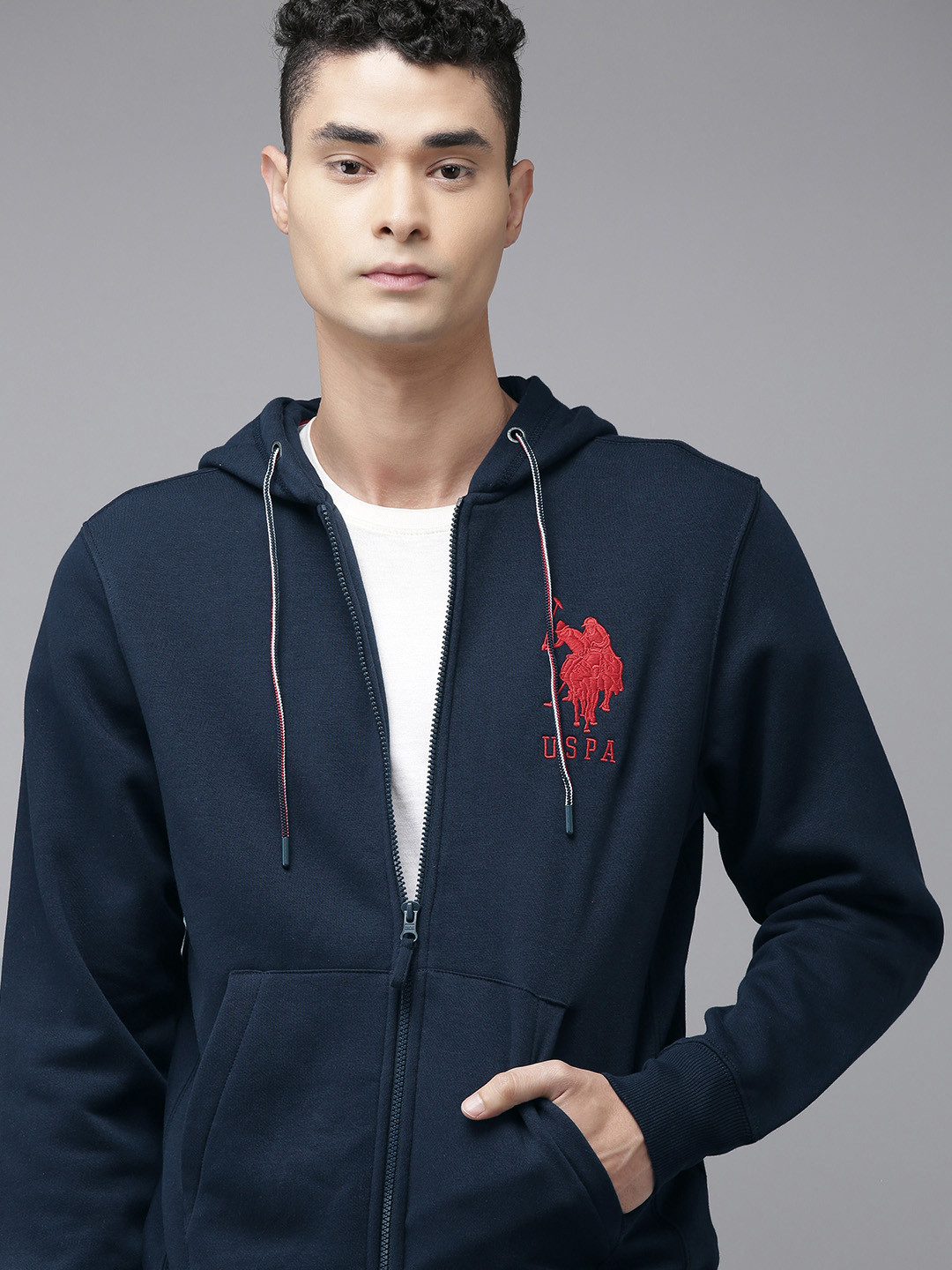 Buy U S Polo Assn Men Navy Blue Hooded Full Sleeve Front Open ...