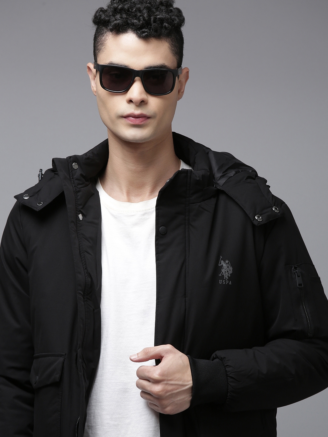 Buy U S Polo Assn Men Black Solid Hooded Bomber Jacket - Jackets for ...