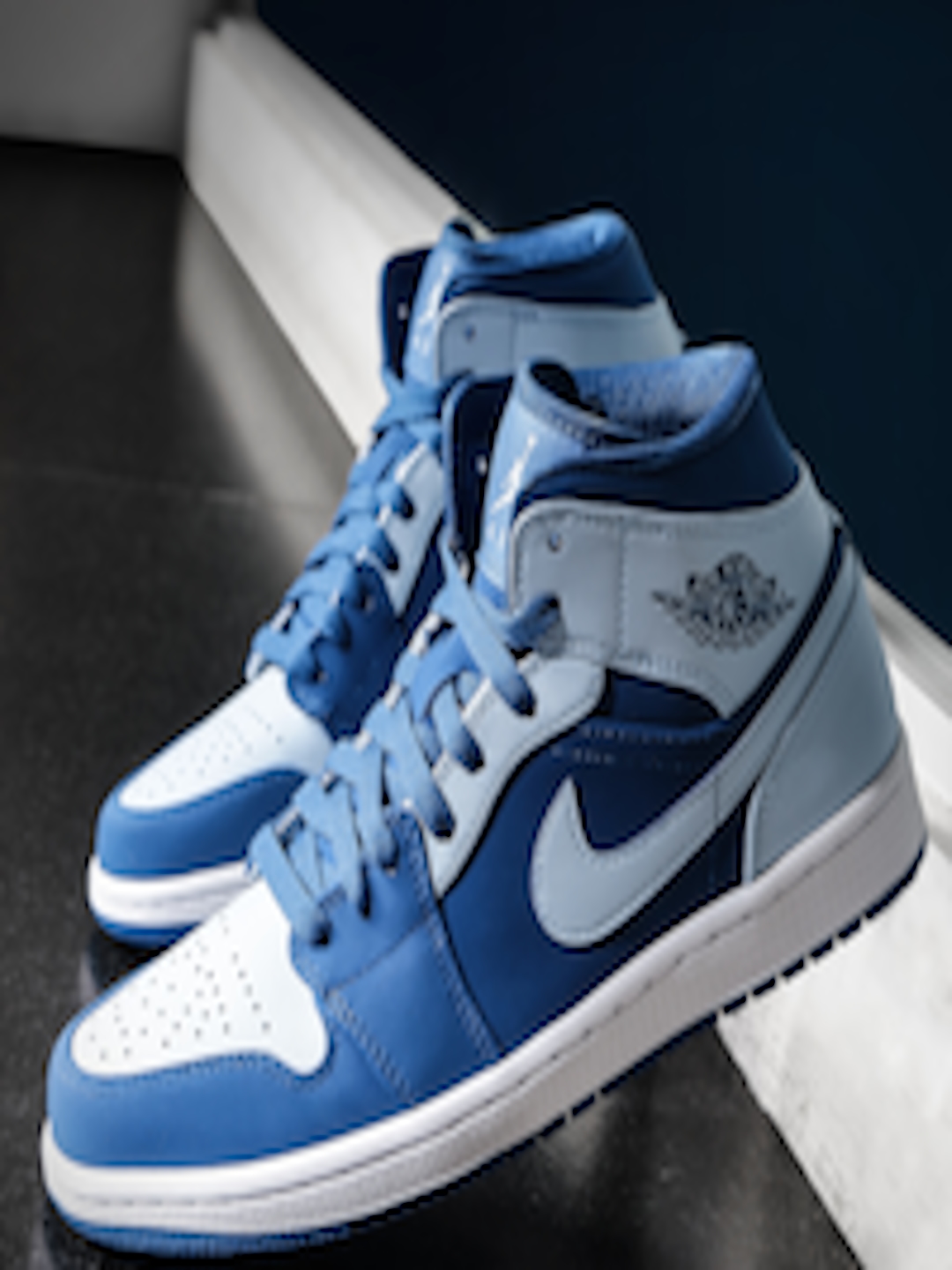 Buy Nike Men Blue Leather Air Jordan 1 Mid Top Basketball Shoes