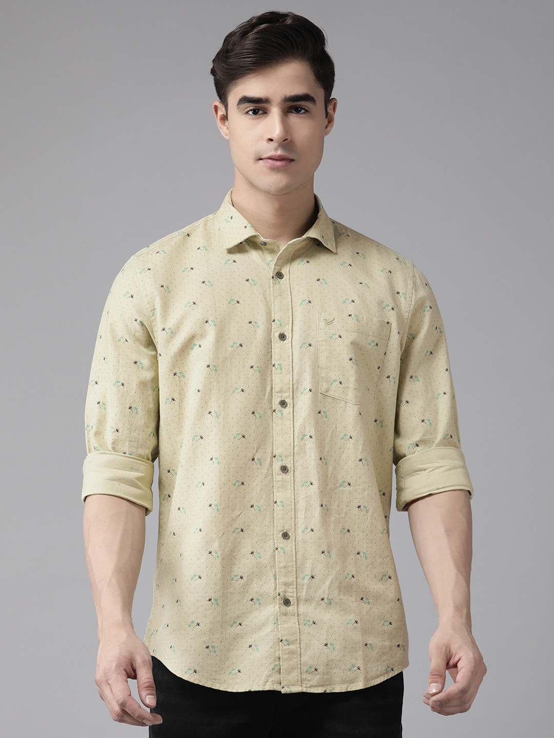 Men's Black Slim Fit Floral Printed Weave Cotton Casual Shirt