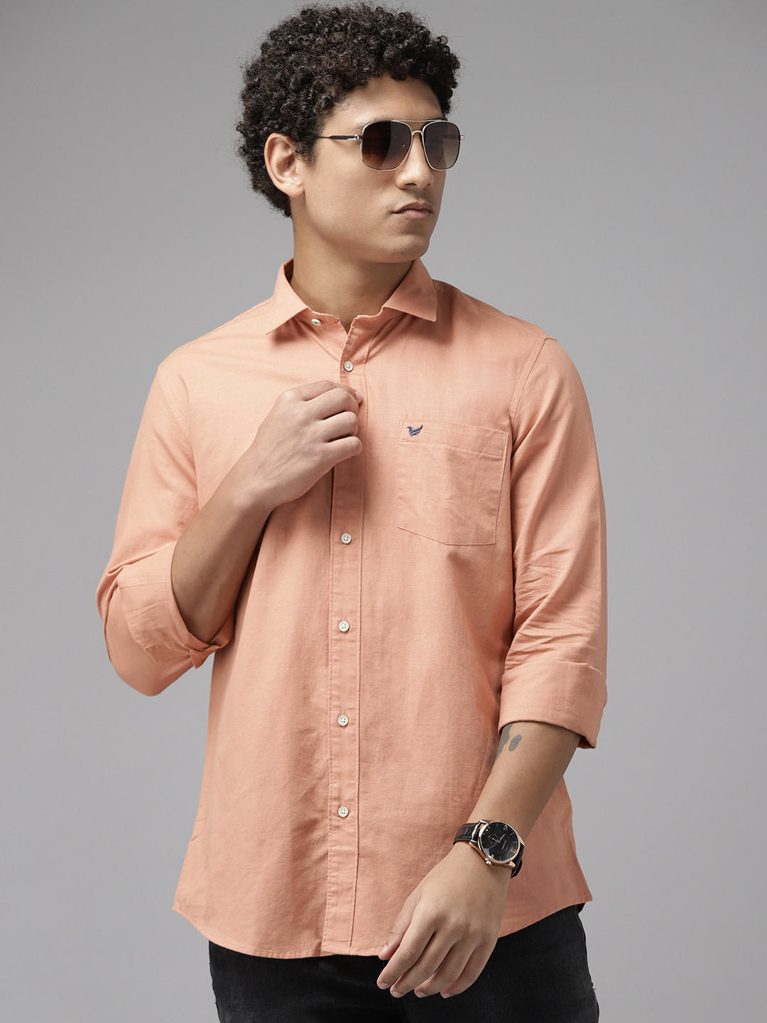 Buy Blackberrys Men Peach Coloured Cotton Linen Slim Fit Formal Shirt