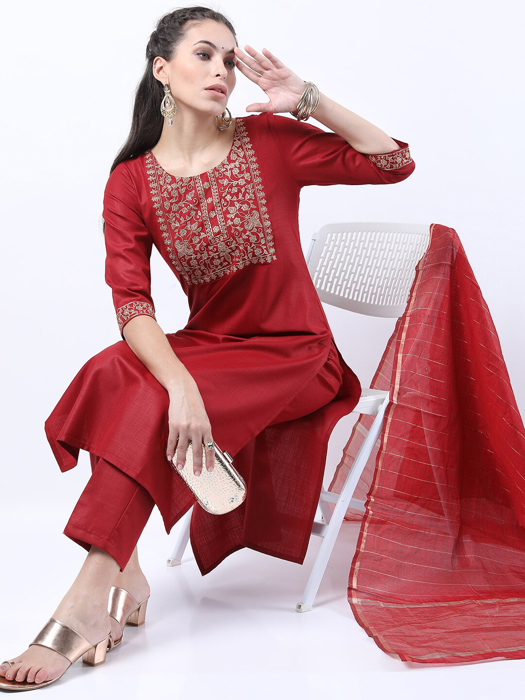 Women Red & Golden Yoke Design Kurta Set main image 1