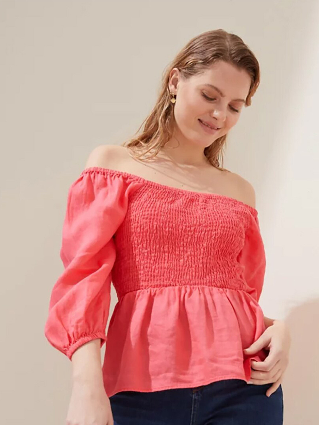 Buy Marks & Spencer Pink Off Shoulder Smocked Linen Bardot Top Tops