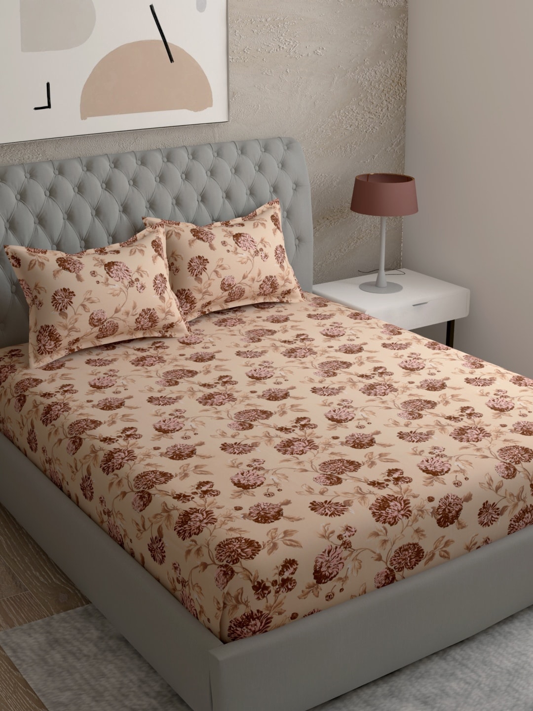 Buy EverHOME Brown Floral 120 TC King Bedsheet With 2 Pillow Covers