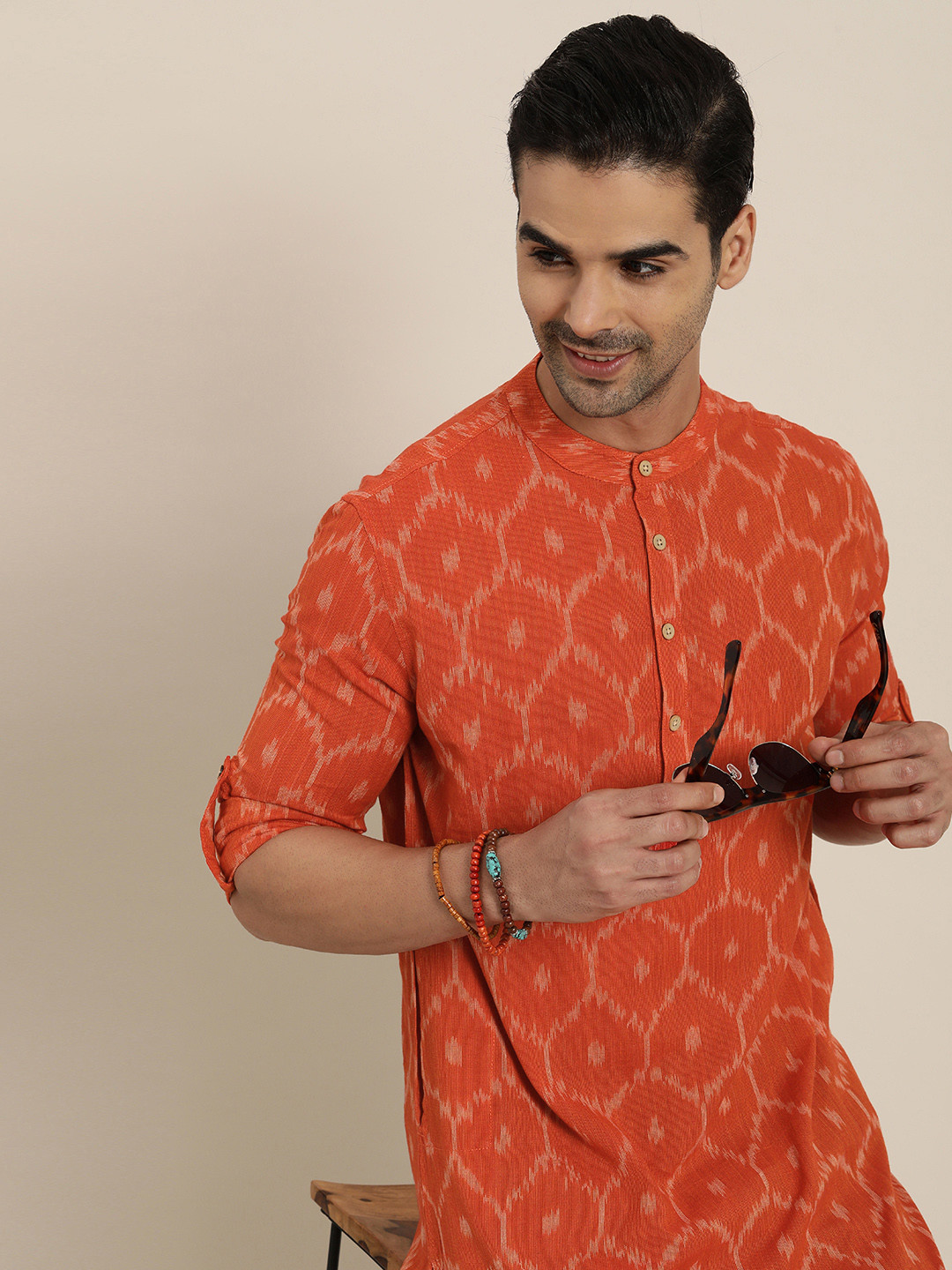 Buy Taavi Men Orange Ikat Printed Sustainable Mandarian Collar Kurta