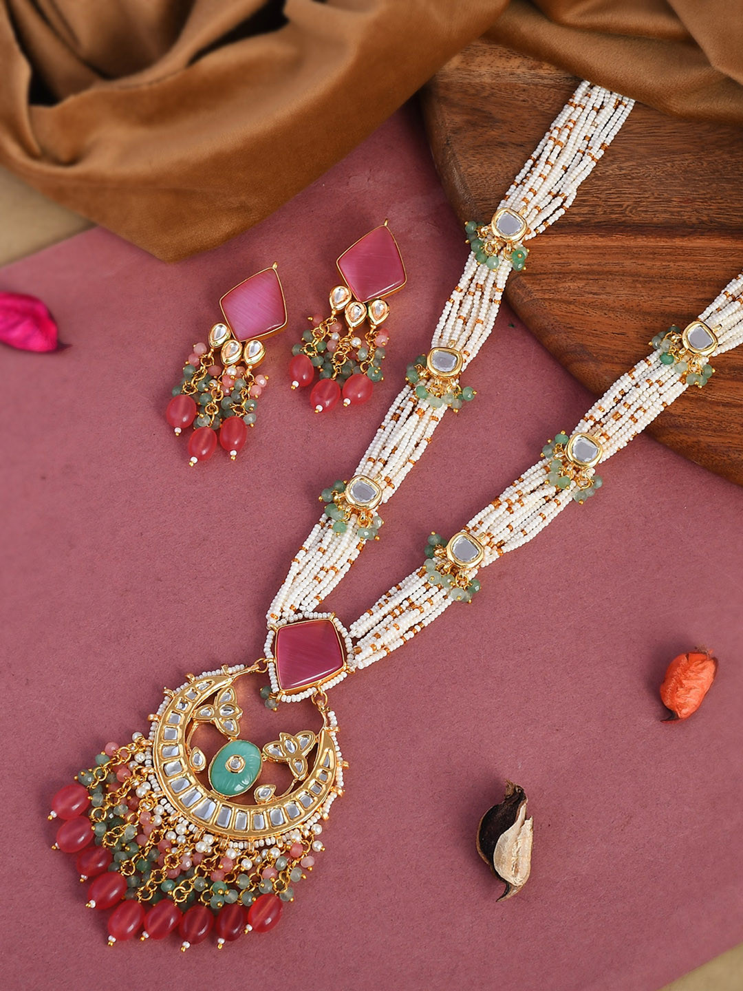 Buy DASTOOR Gold Plated Pink & Green Polki Kundan Studded & Beaded