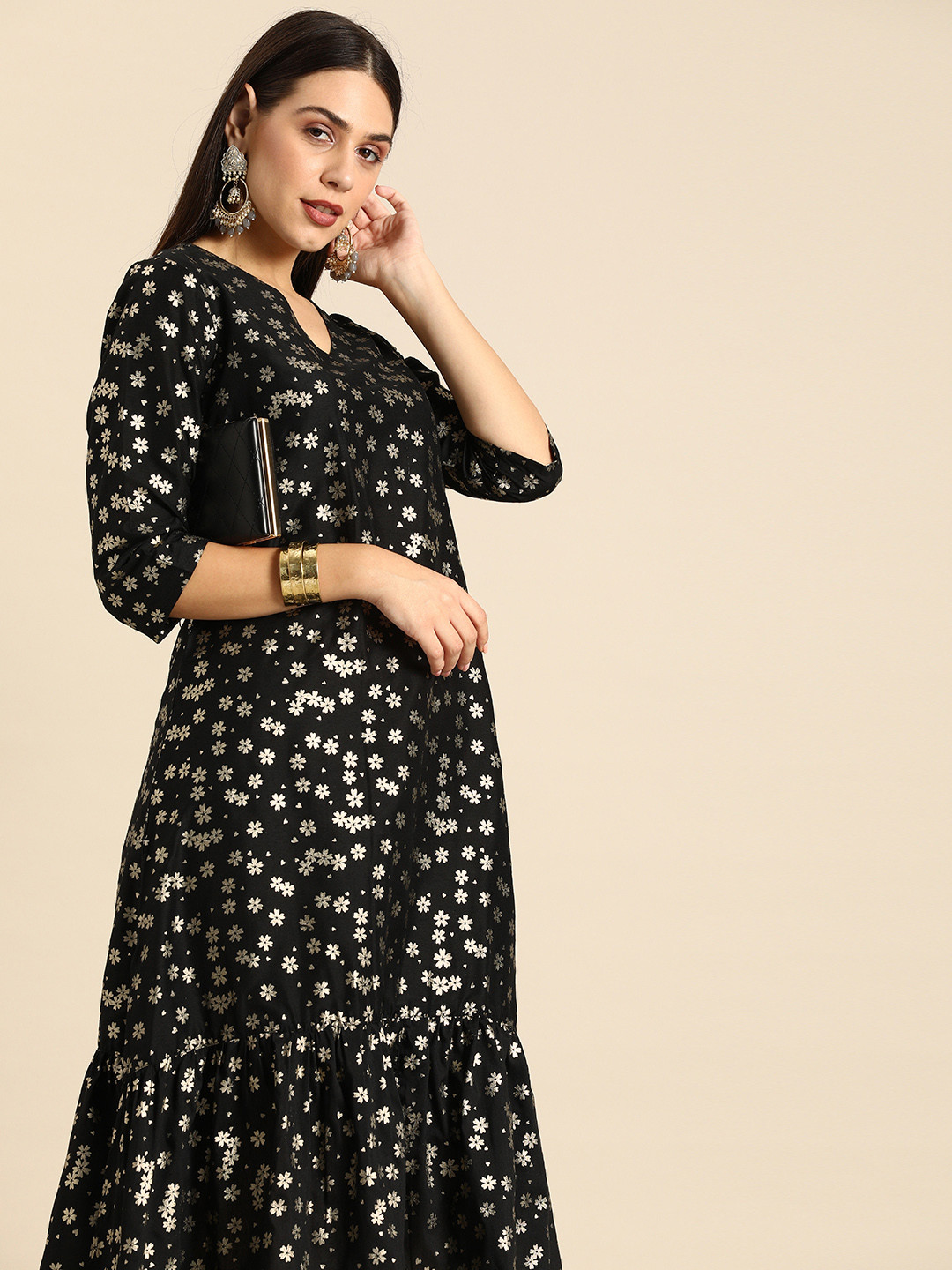 Buy Anouk Women Black & Golden Floral Printed Kurta Kurtas for Women