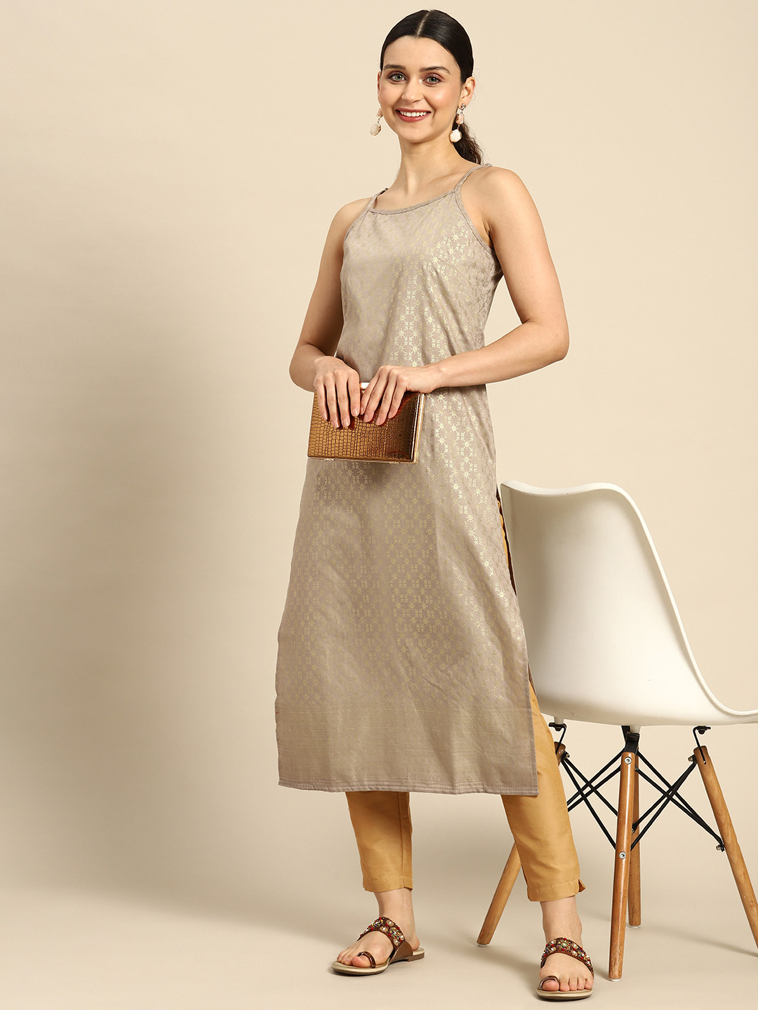 Brown Ethnic Motifs Shoulder Straps Top