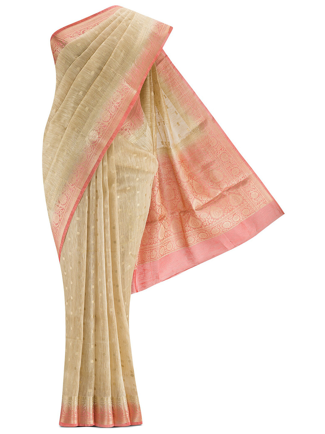 Buy Nalli Next Beige & Rose Gold Woven Design Zari Linen Blend Saree