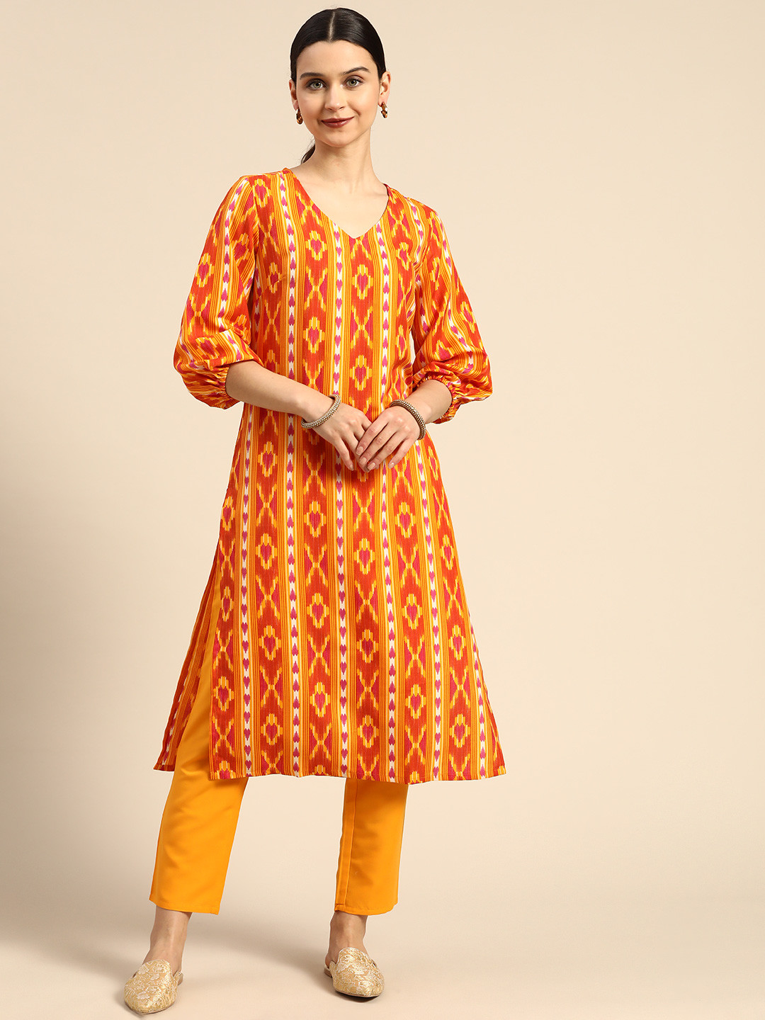 Buy Anouk Women Mustard Yellow Ikat Printed Kurta With Trousers Kurta