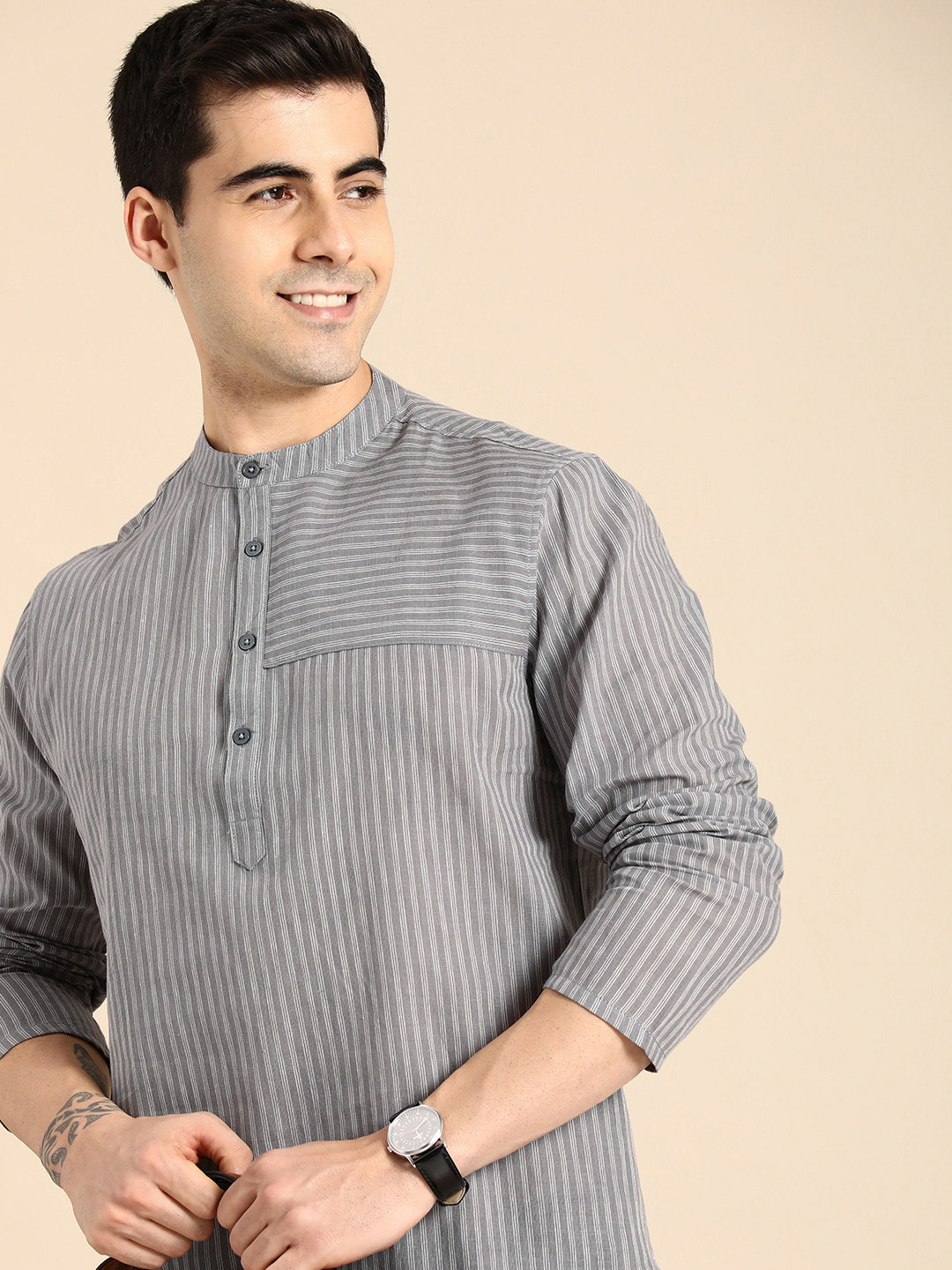 Buy Anouk Men Grey & White Striped Mandarin Collar Pure Cotton Kurta Kurtas for Men 19052702