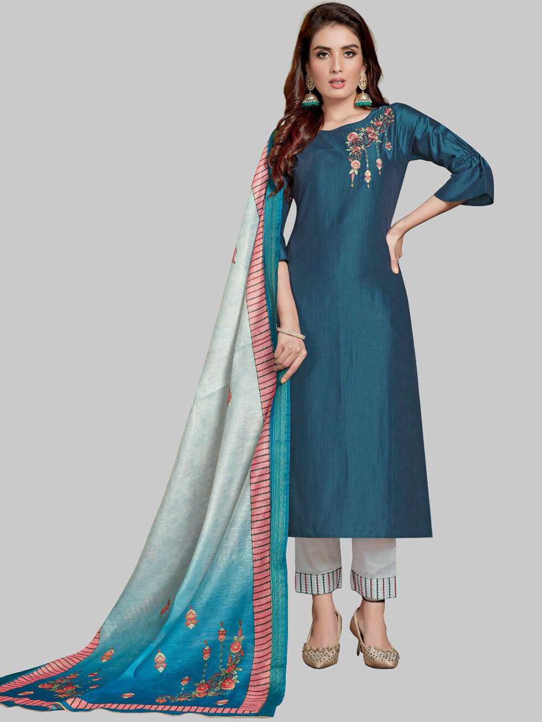 Women Teal Embroidered Straight Kurta Trousers With Dupatta set