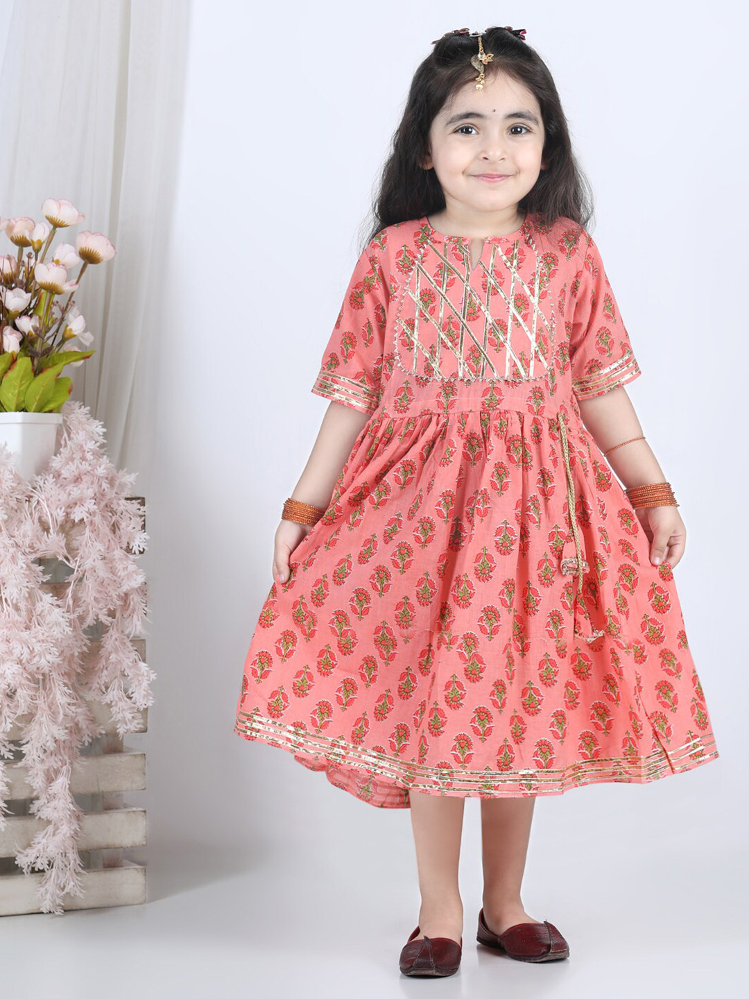 Buy Kinder Kids Peach Coloured Floral Ethnic Midi Dress Dresses for