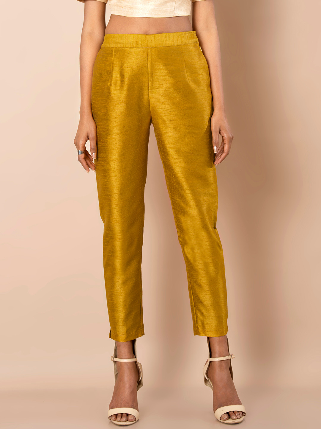 Buy INDYA Women Mustard Yellow Tapered Fit Cigarette Trousers