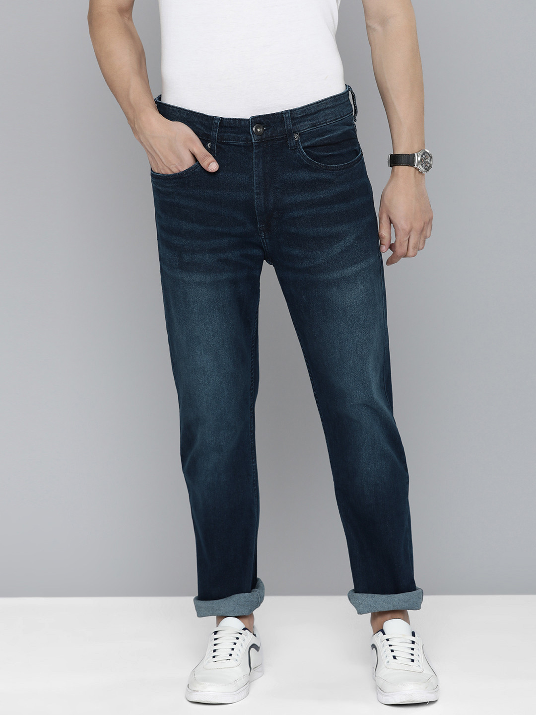 Buy Flying Machine Men Navy Blue Slim Fit Light Fade Stretchable Jeans ...