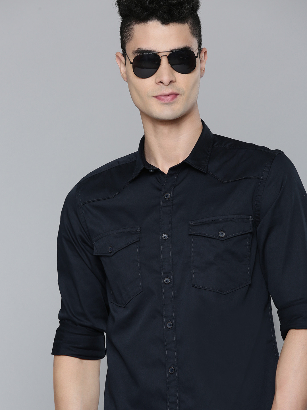 Buy Flying Machine Men Navy Blue Slim Fit Solid Opaque Pure Cotton ...