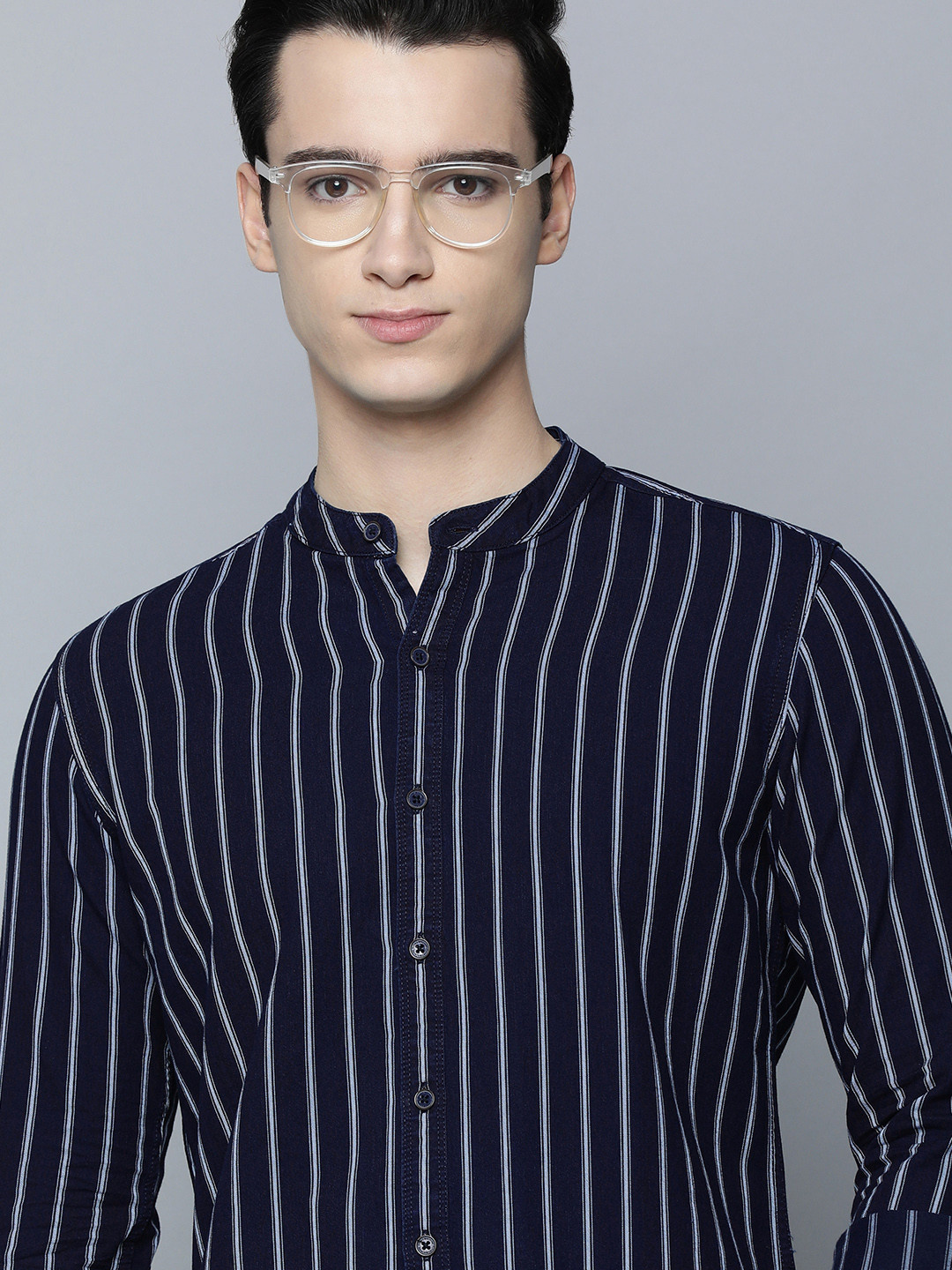 Buy Flying Machine Men Navy Blue Slim Fit Striped Pure Cotton Casual ...