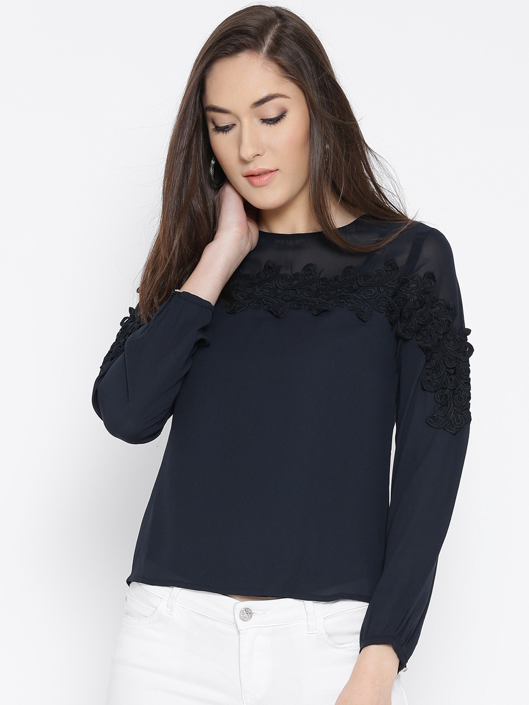 Buy Madame Women Navy Blue Solid Semi Sheer Top Tops for Women