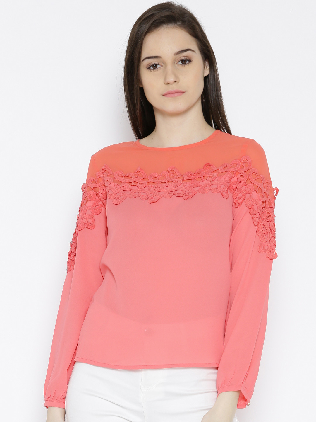 Buy Madame Women Coral Pink Solid Semi Sheer Top Tops for Women 1906259 Myntra