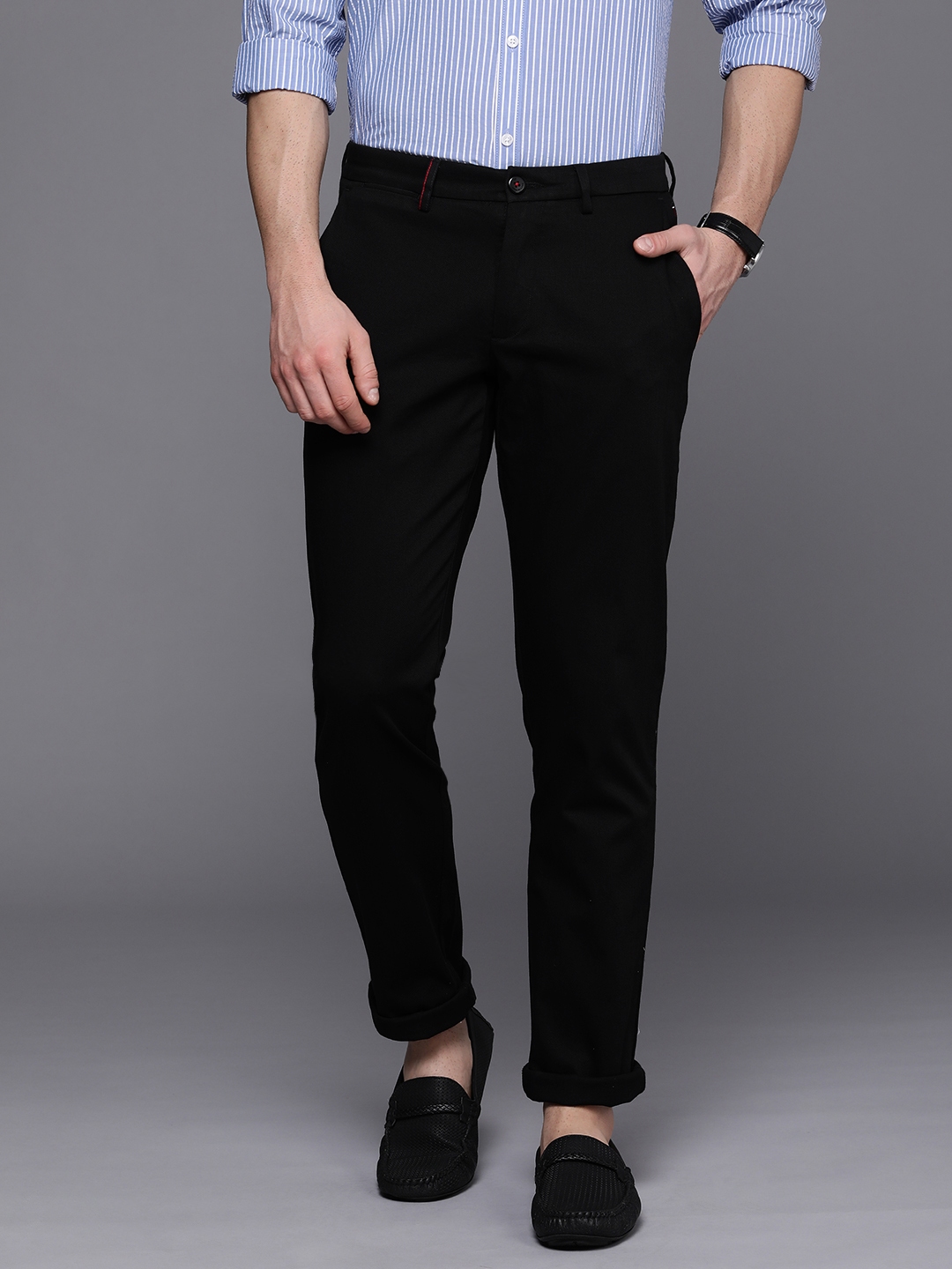 Buy Louis Philippe Sport Men Black Textured Slim Fit Regular Trousers ...